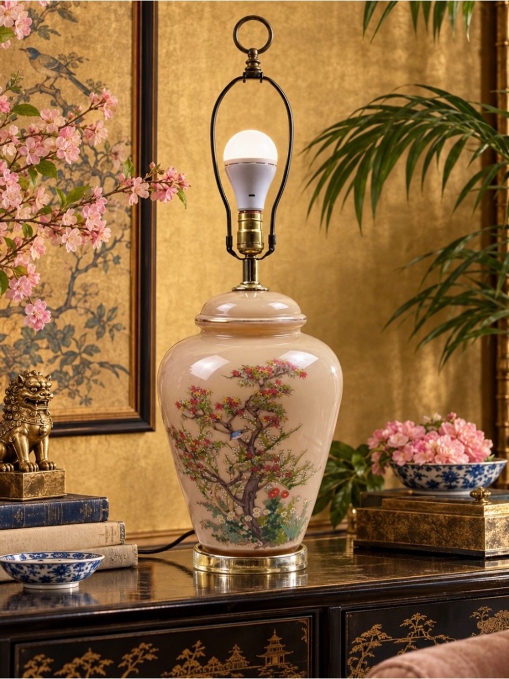 Vintage Reverse Painted Glass Chinoiserie Ginger Jar Table Lamp